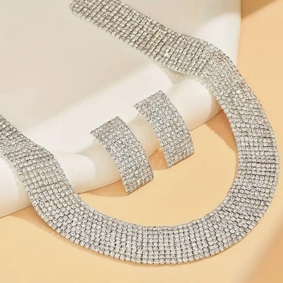 3pc Rhinestone Necklace & Earrring Set Silver Plated Inlaid Jewelry for Women - Picture 2 of 6